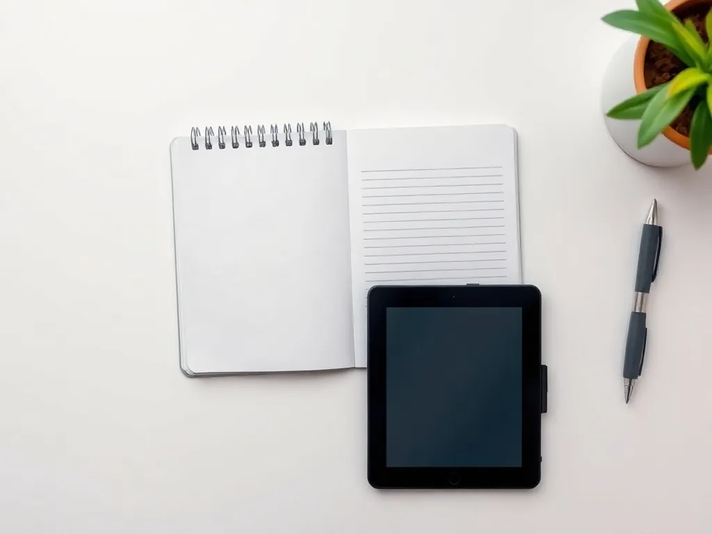 A clean desk with a notebook and a digital tablet, symbolizi