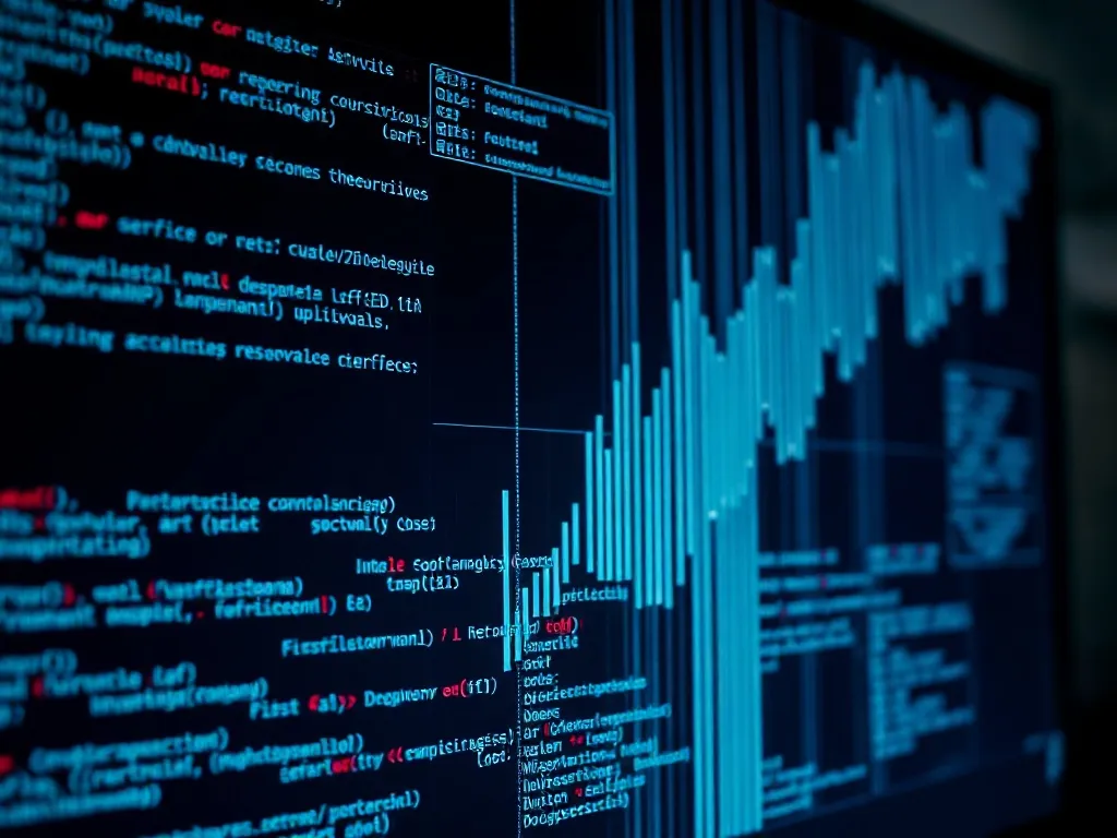 A digital visualization of data streams and code lines on a
