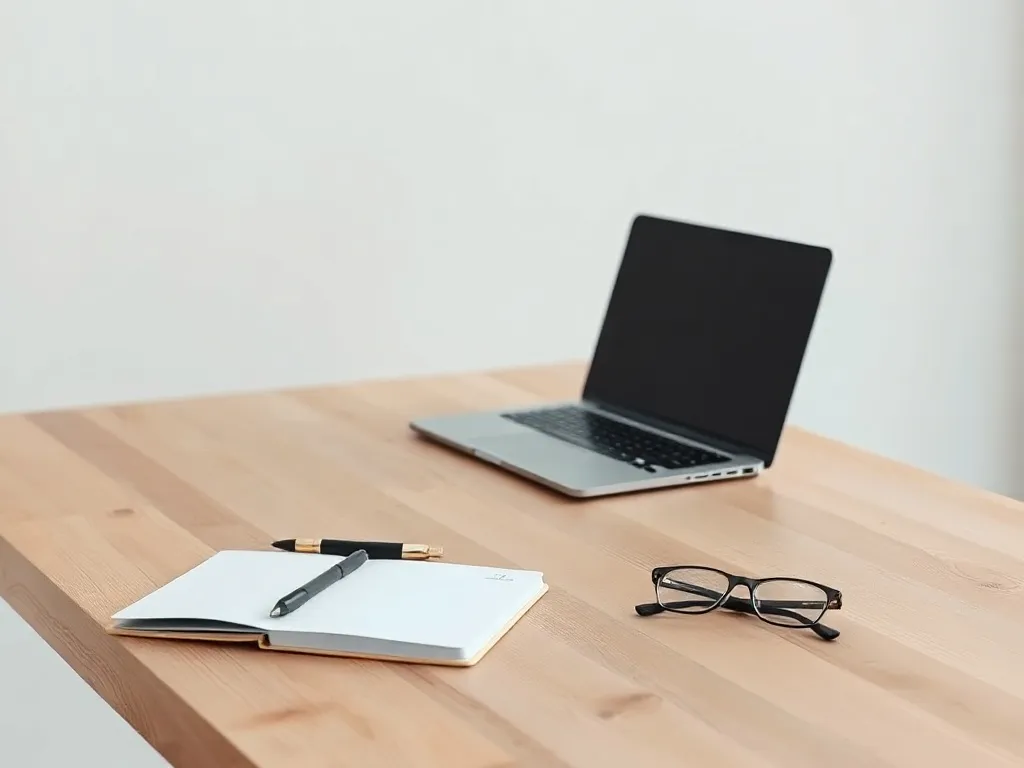 A minimalist, high-quality photograph of a clean wooden desk