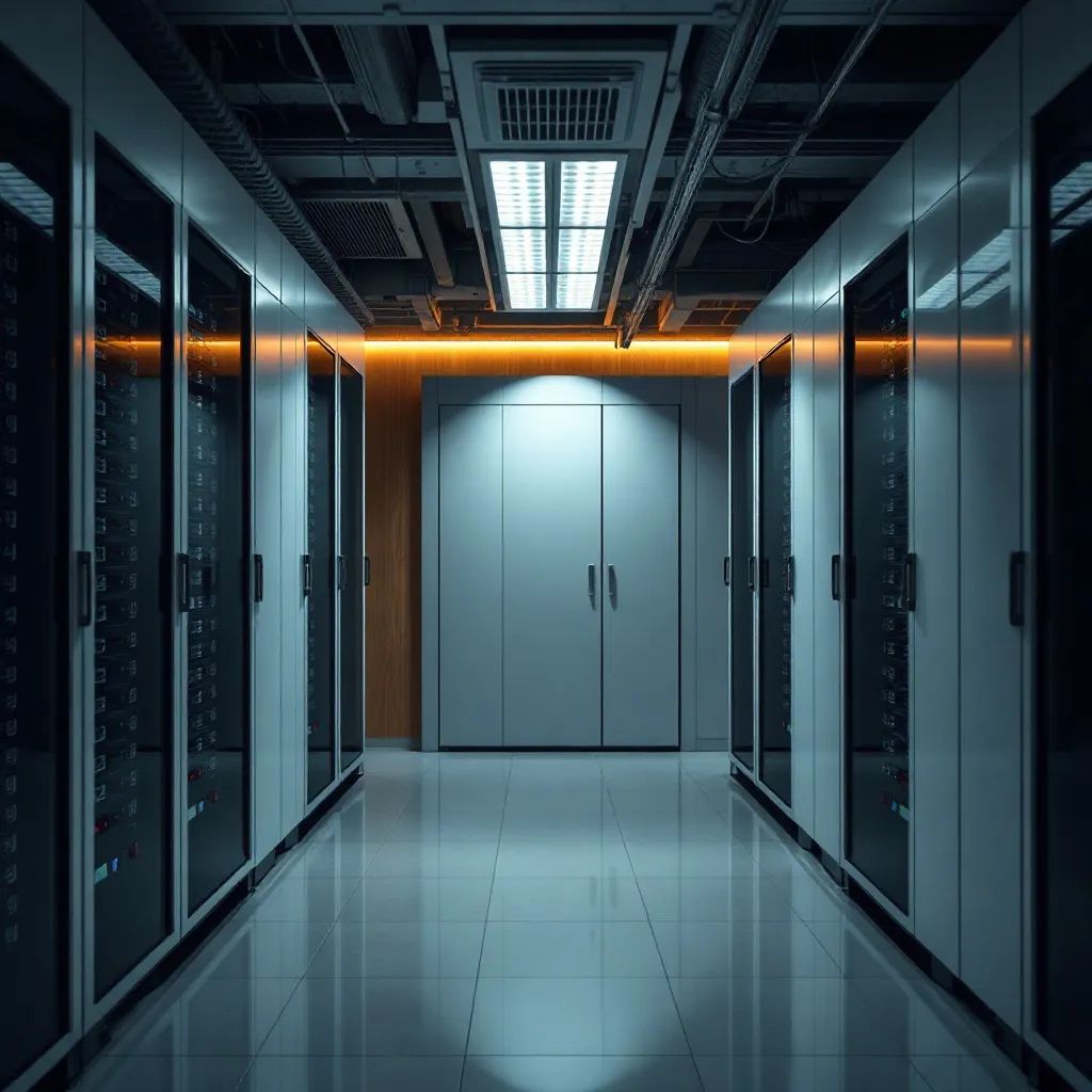 High-tech server room with clean grey and wood accents, cine